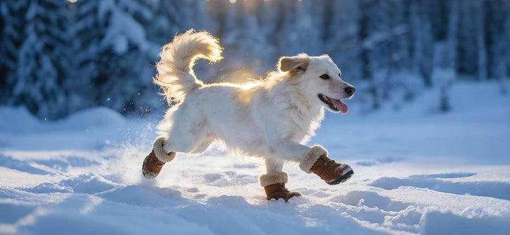Do dogs need shoes for snow? A happy Golden Retriever runs safely on ice wearing protective winter boots.