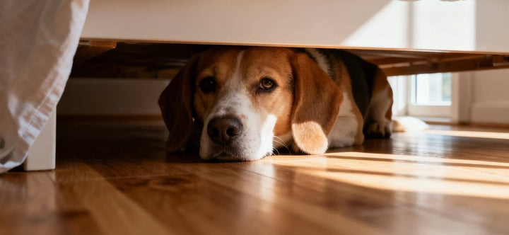 Signs Your Dog Is Stressed: a beagle hiding under a bed, showing avoidance and a worried expression as key stress signs.