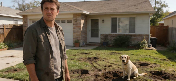 How Do I Stop A Dog From Digging Holes: A frustrated owner looking at a backyard filled with dirt piles while a yellow Labrador sits innocently next to a hole.