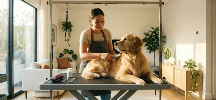 Dog Grooming at Home setup featuring a happy Golden Retriever standing on a non-slip grooming table while being brushed by an owner.