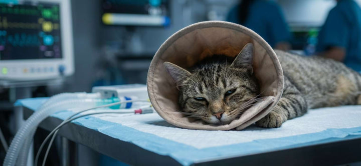 Cat neuter recovery process showing a tabby cat wearing a protective e-collar at a veterinary clinic to prevent licking stitches.