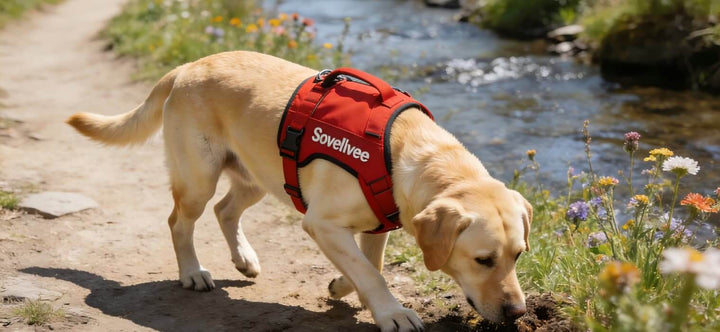 How to wear a dog harness comfortably: A Golden Retriever walking outdoors wearing a red Sovelivee safety harness.