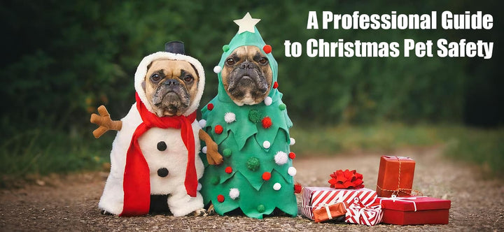 Christmas Pet Safety guide cover image featuring two French Bulldogs dressed as a snowman and a Christmas tree with text overlay.
