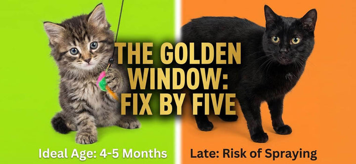 How old do cats have to be to get fixed infographic showing the "Fix by Five" golden window (4-5 months) to prevent spraying vs late neutering risks.