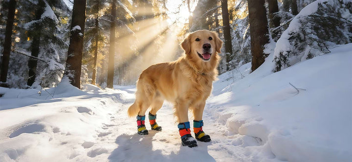 Dog paws and cold weather safety guide featuring a Golden Retriever wearing waterproof boots to protect feet from snow and ice in a sunny winter forest.