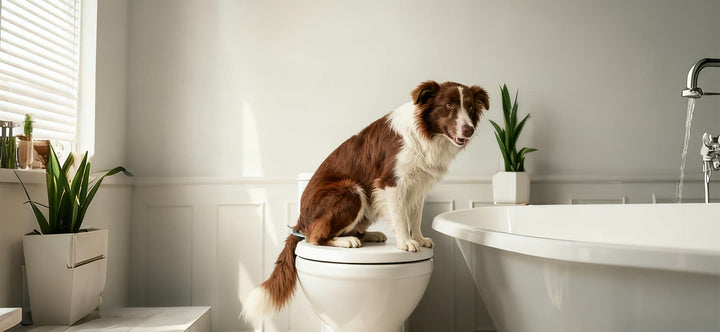 Dog toilet training concept showing a Border Collie sitting on a human toilet in a bright bathroom to illustrate housebreaking success.