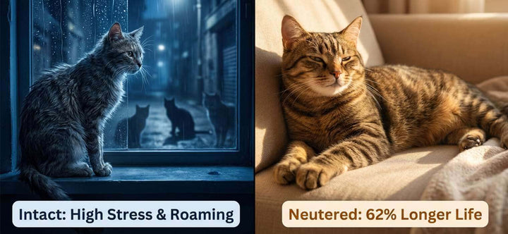 Benefits of neutering a male cat include a 62% longer lifespan and reduced stress compared to intact males.