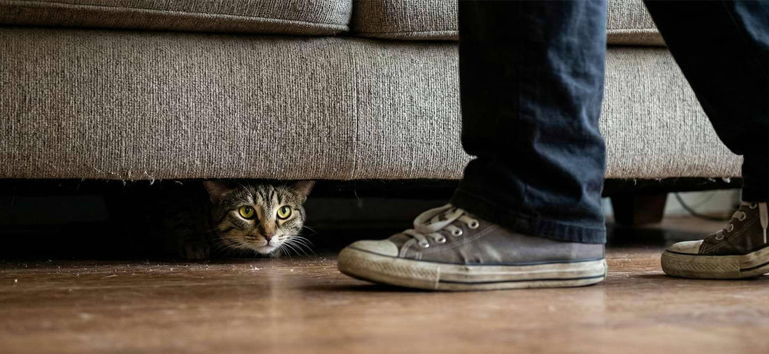     Why Does My Cat Attack My Legs? A stealthy tabby cat hiding under a beige sofa, preparing to ambush its owner's ankles as they walk by, illustrating natural predatory instinct.