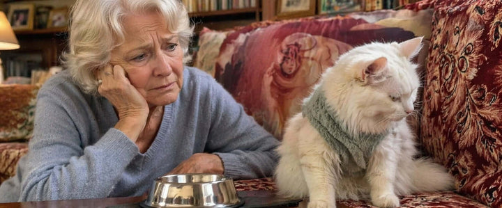 A concerned cat owner looking at their cat ignoring a water bowl, illustrating the clinical red flag of a cat not drinking water