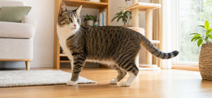  Cat swishing its tail while displaying clear ears, eyes, and body-language signals.