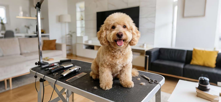 Goldendoodle grooming station setup featuring a happy dog, high-torque clippers, and essential brushes for a stress-free session.