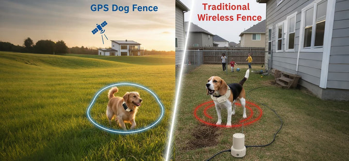 GPS Dog Fence on the left, showcasing a dog with a customizable boundary in an open field, and Traditional Wireless Fence on the right, showing a dog in a fixed circular boundary within a yard.