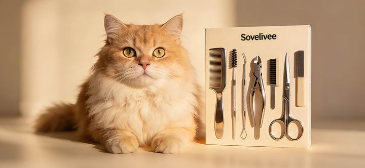 Grooming tools for cats: A fluffy ginger cat resting beside the Sovelivee professional grooming set containing scissors, combs, and brushes.