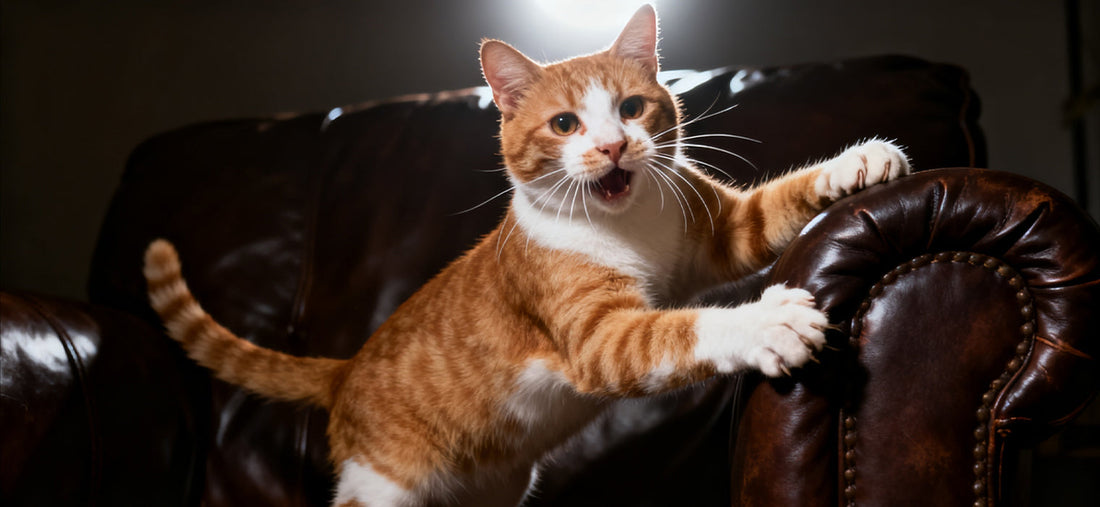 How to Train Your Cat - hero image: orange-and-white cat scratching a leather sofa arm, highlighting that scratching is instinctive and should be redirected, not punished.