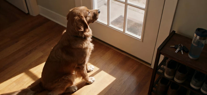 How long can a dog stay home alone? A golden retriever sits patiently by the glass door waiting for its owner, illustrating the common pet parent dilemma.