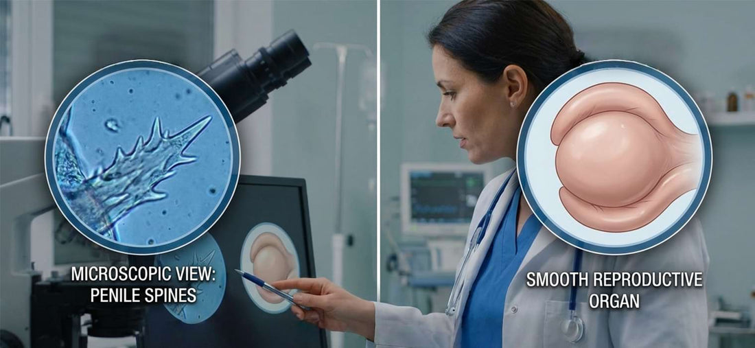 How to tell if a cat is fixed visual comparison showing microscopic view of penile spines on an intact male versus the smooth reproductive organ of a neutered cat.