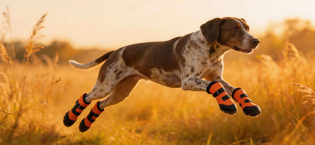 Hunting dog boots in high-visibility orange protecting a pointer's paws while running through rugged upland terrain.