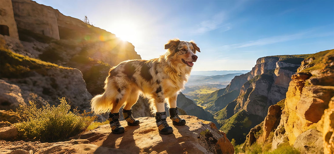 Protect dog feet from sharp rocks and hot surfaces with durable hiking boots while navigating rugged mountain terrain.