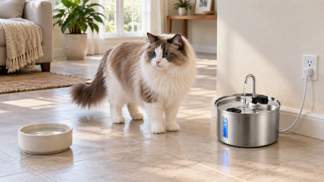 Bicolor Ragdoll cat lapping water from a stainless steel cat water fountain on a ceramic floor