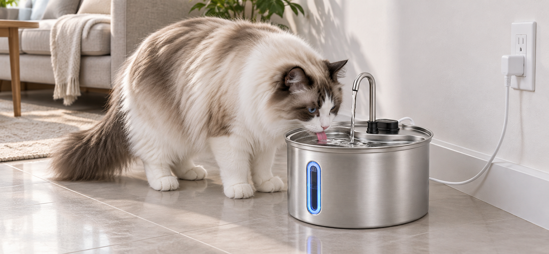 Bicolor Ragdoll cat drinking from a stainless steel cat water fountain beside an open living-room wall