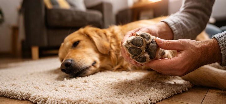 Treatment for dog paws begins with gentle inspection; an owner examining a Golden Retriever's dry pads for cracks, roughness, and signs of hyperkeratosis indoors.