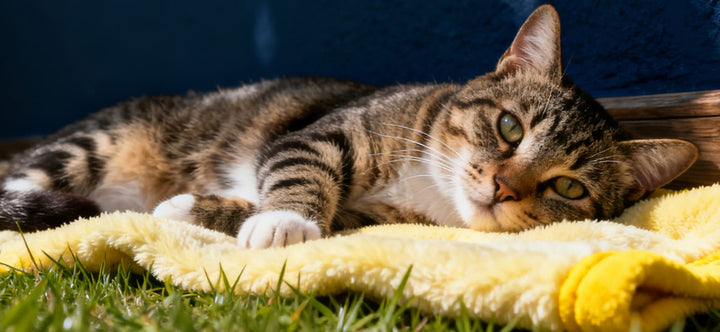 What Your Cat Wants from You - tabby cat relaxing on a yellow blanket in sunlight, conveying comfort and safety.