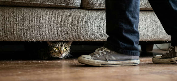     Why Does My Cat Attack My Legs? A stealthy tabby cat hiding under a beige sofa, preparing to ambush its owner's ankles as they walk by, illustrating natural predatory instinct.