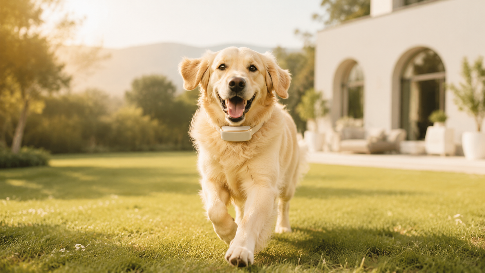Gps dog fences category banner showing a brown and white dog indoors wearing a smart training collar for safe boundary control