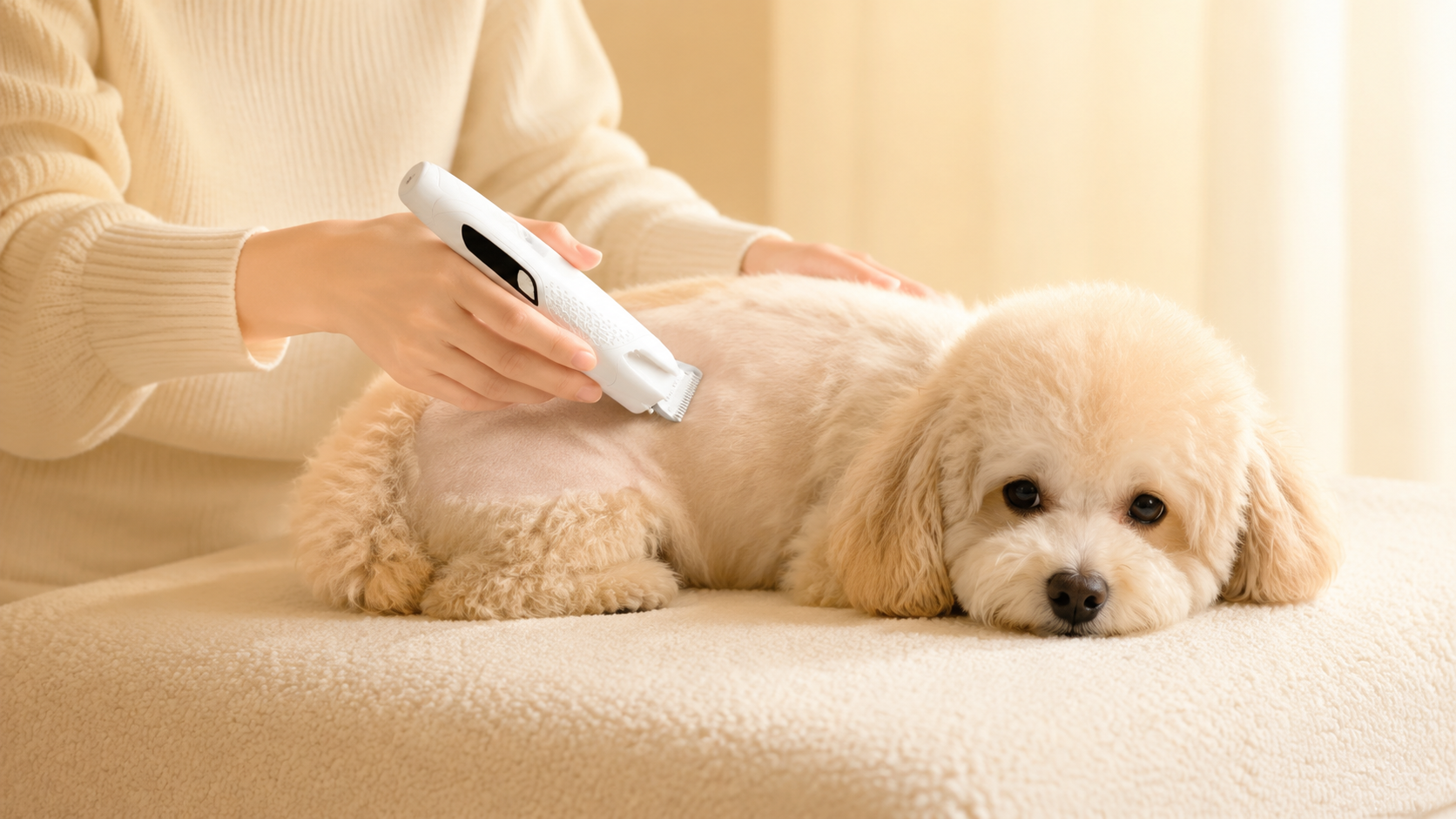 Dog grooming setup featuring professional scissors, metal comb, and bathing supplies for at-home coat care.