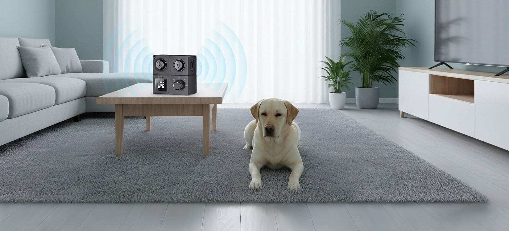 Anti Barking Device collection featuring a sleek indoor ultrasonic unit on a table with a calm dog. Represents our range of safe noise control solutions for homes.