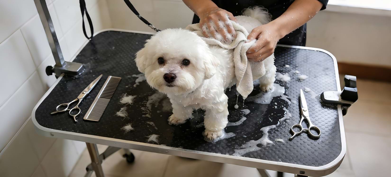 Dog grooming setup featuring professional scissors, metal comb, and bathing supplies for at-home coat care.