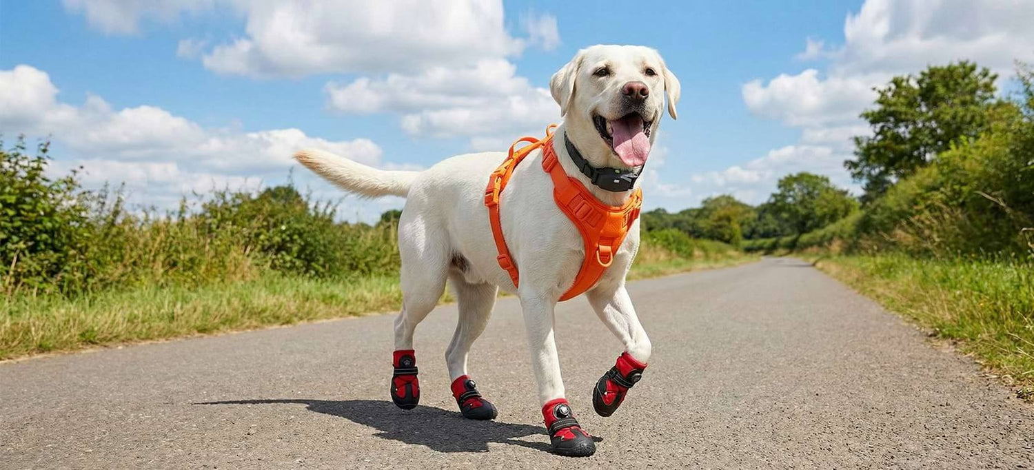 New Products collection featuring a happy white Labrador wearing protective red dog shoes and a wireless fence receiver collar with an orange harness during a sunny outdoor walk.