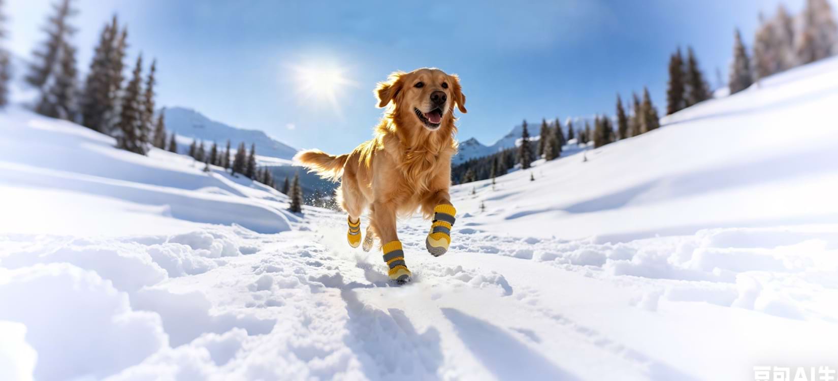 Dog shoes & boots on a happy Golden Retriever running full speed through deep snow on a sunny winter day.