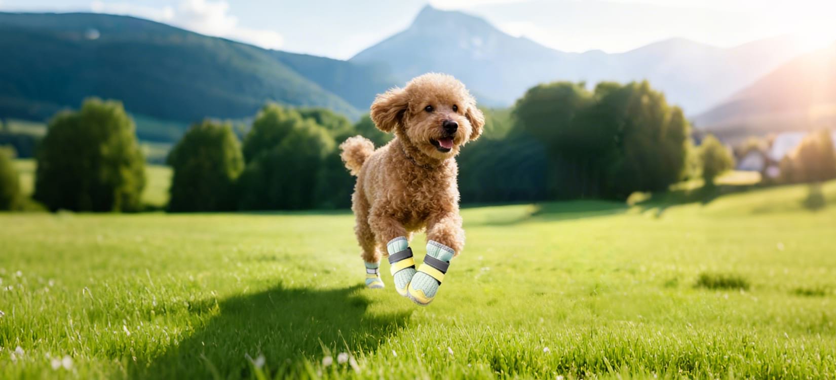 Dog shoes for hiking worn by a happy brown poodle running on a grassy mountain trail, demonstrating secure fit and paw protection.