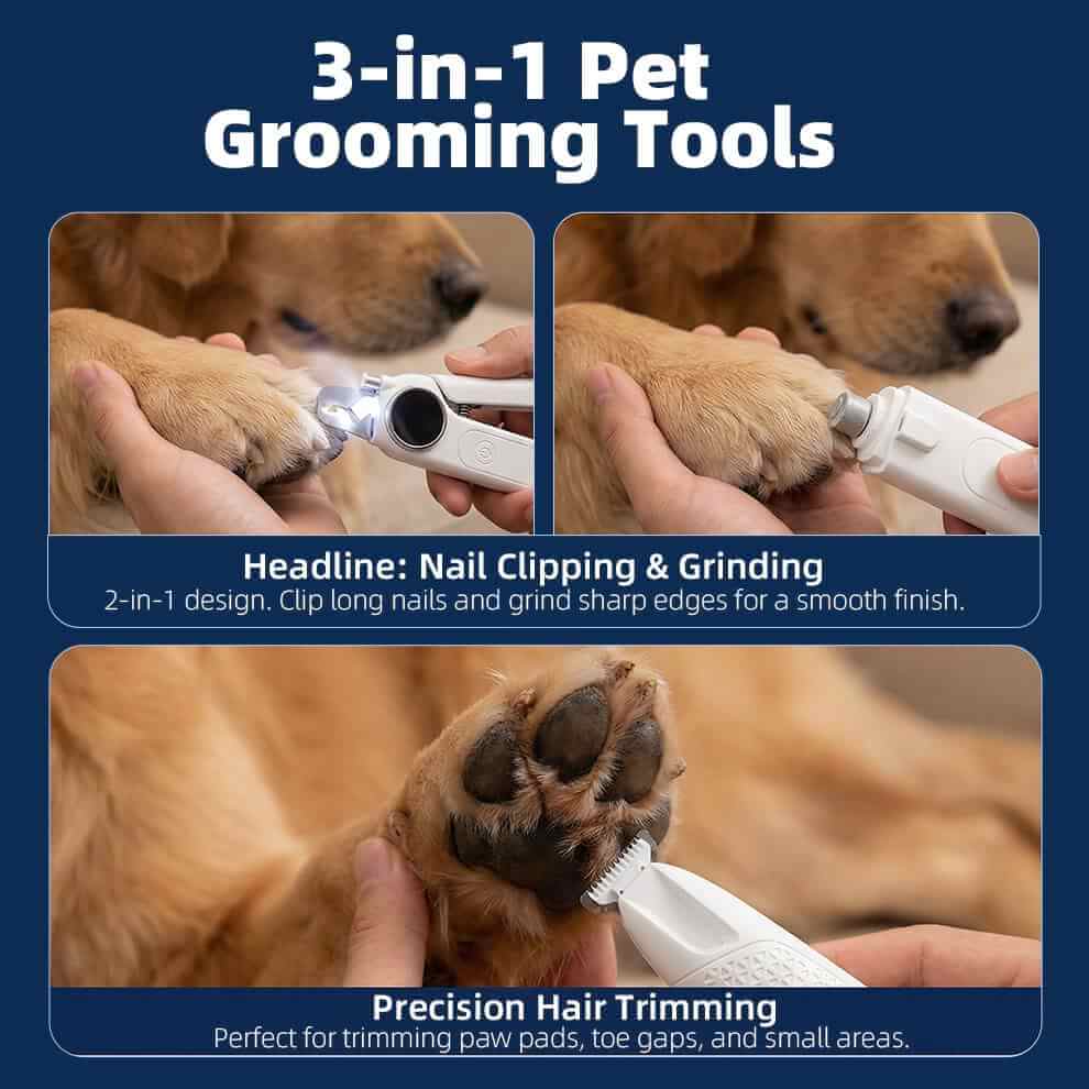 3-in-1 grooming overview showing dog paw clippers for hair trimming, a heavy-duty clipper for cutting, and a grinder for smoothing sharp edges.