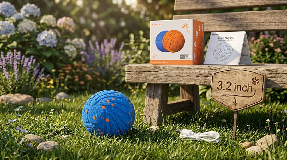 3.2-inch smart pet ball shown with its premium packaging and user manual, making it the perfect interactive gift for small to medium dogs.