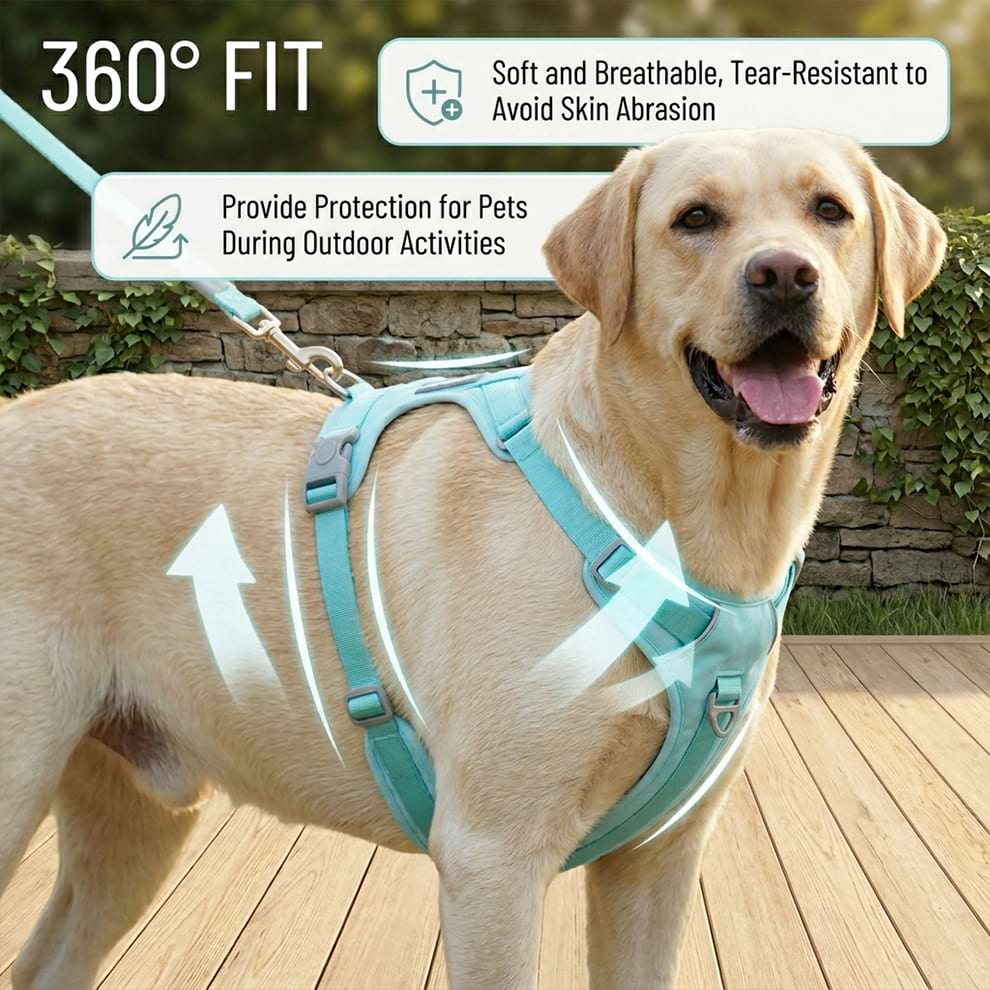 360 degree fit dog harness worn by a Labrador, featuring soft, breathable, and tear-resistant material to avoid skin abrasion.