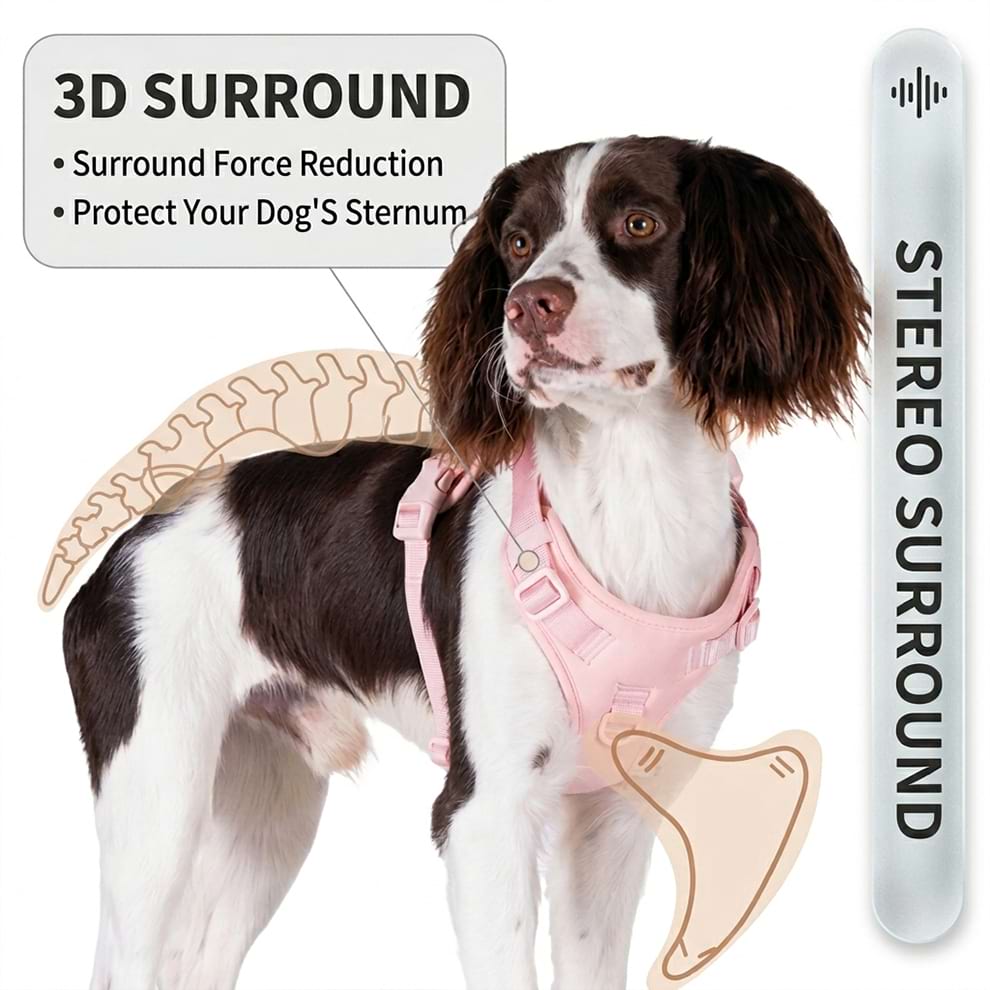 3D surround dog harness engineered for force reduction, offering stereo surround support to protect your dog's sternum during pulls.