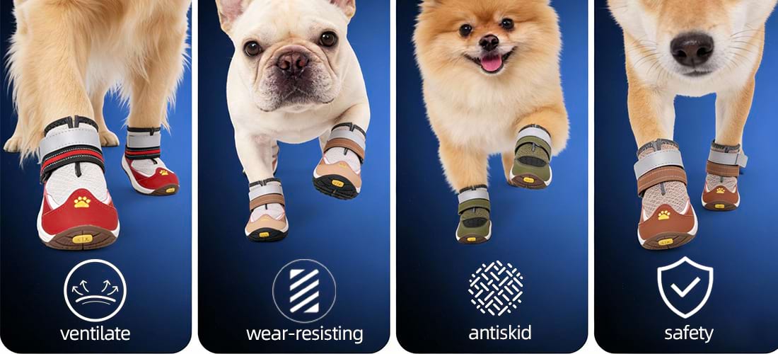 Infographic showing key features of Dog Hiking Boots: ventilated mesh for summer, wear-resisting sole for hiking, antiskid rubber for traction, and reflective safety straps.