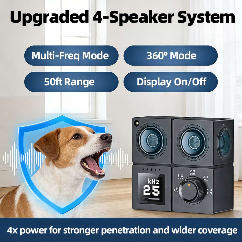 Upgraded 4-speaker Anti Barking Device system providing stronger penetration and 50ft range to Stop Dog Barking effectively.