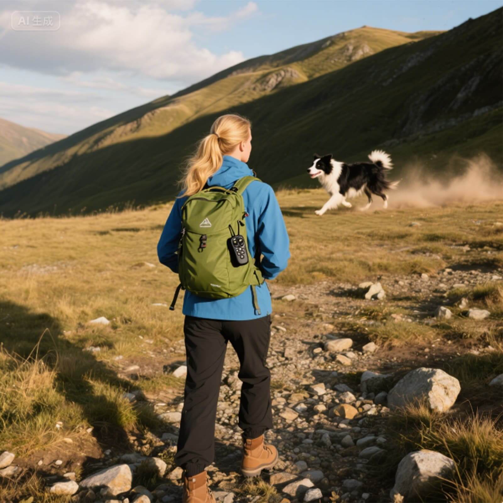 Woman hiking with dog using wireless dog fence system - Beatails remote trainer clipped to backpack