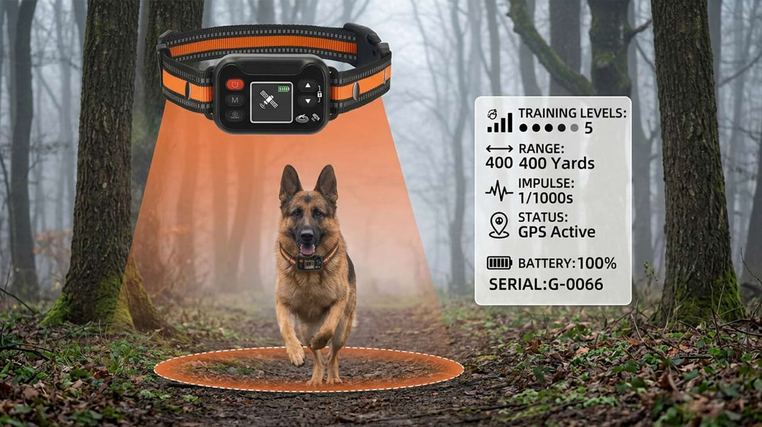 Accurate GPS active dog tracking collar on a German Shepherd in the woods, featuring 5 training levels and a clear status display.