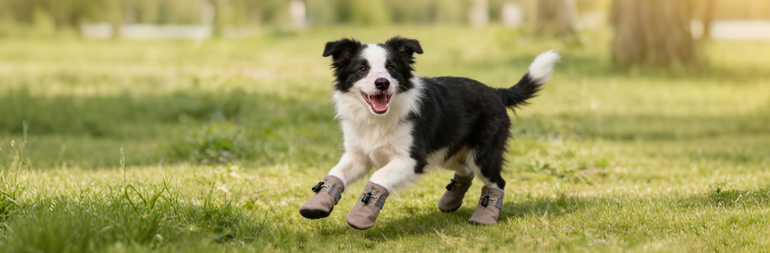 Active dog sprinting across a lawn in Non-Slip Dog Booties, proving the lightweight design allows for natural movement and agility compared to heavy, stiff boots.