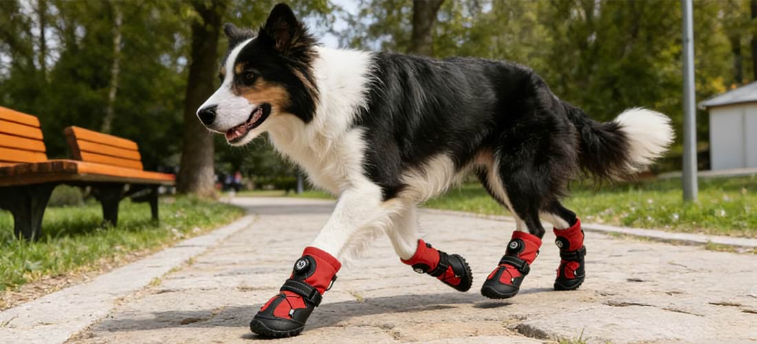 Border Collie walking in red waterproof dog boots featuring a dial fit mechanism for a secure, adjustable hold that ensures dog boots that stay on active large breeds.