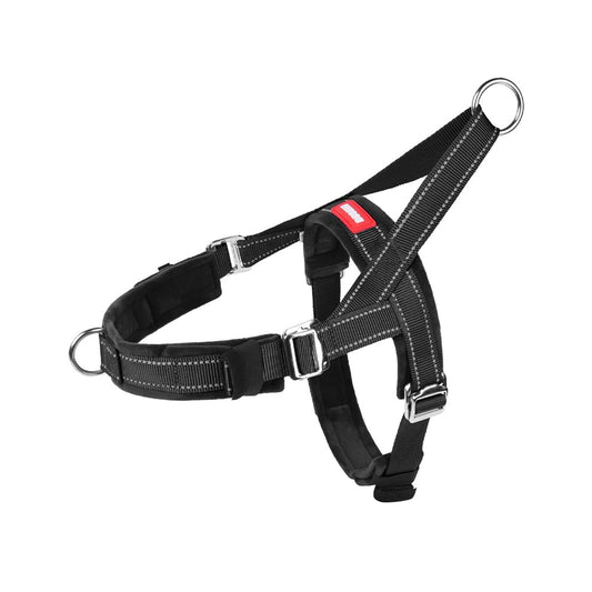 Adjustable Dog Harness in black, featuring a saddle-style design with multi-point size adjustment for a perfect and secure fit.