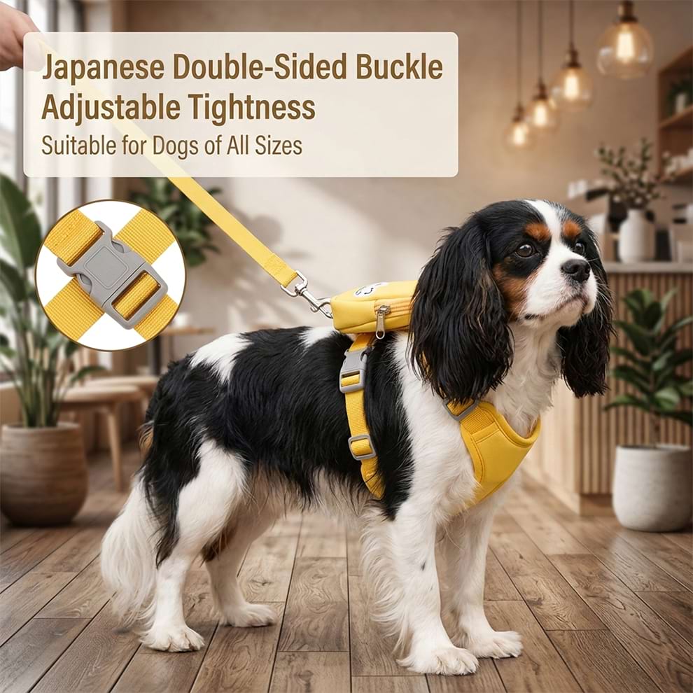 Adjustable dog harness with pockets worn by a Cavalier King Charles Spaniel, featuring a Japanese double-sided buckle for suitable tightness.