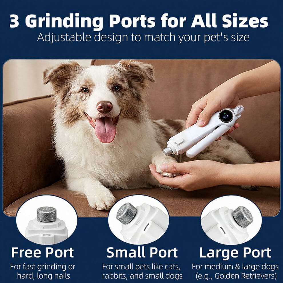 Electric dog nail grinder featuring three adjustable ports to safely fit the claws of small cats, medium dogs, and large breeds.