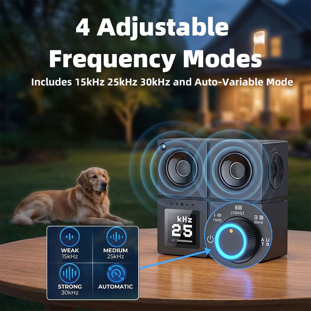 Dog Silencer with adjustable AI frequency modes (15kHz-30kHz) for Humane Dog Barking Control tailored to different breeds.