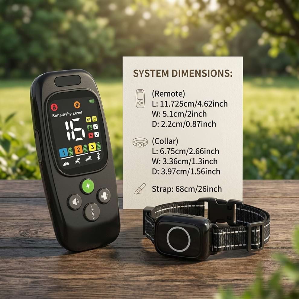 System dimensions for the adjustable dog training collar, detailing the compact remote and the 68cm strap suitable for various breeds.