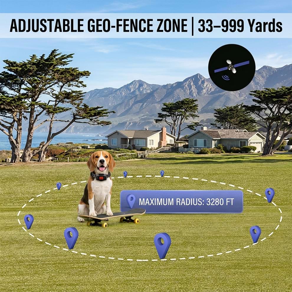 Adjustable geo-fence zone for dogs ranging from 33 to 999 yards, showing a Beagle inside a maximum radius of 3280 ft.